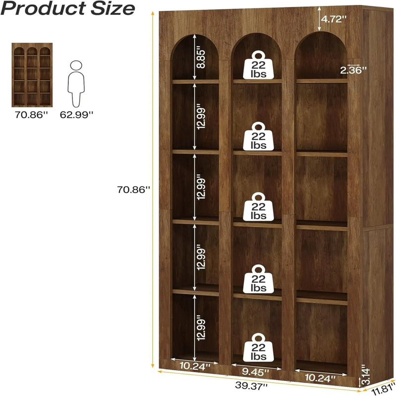 5 Tier Farmhouse Arched Bookcase For Living Room - Rustic Brown