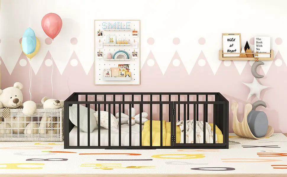 Metal Floor Bed Frame With Fence And Door by HouseOfZazla