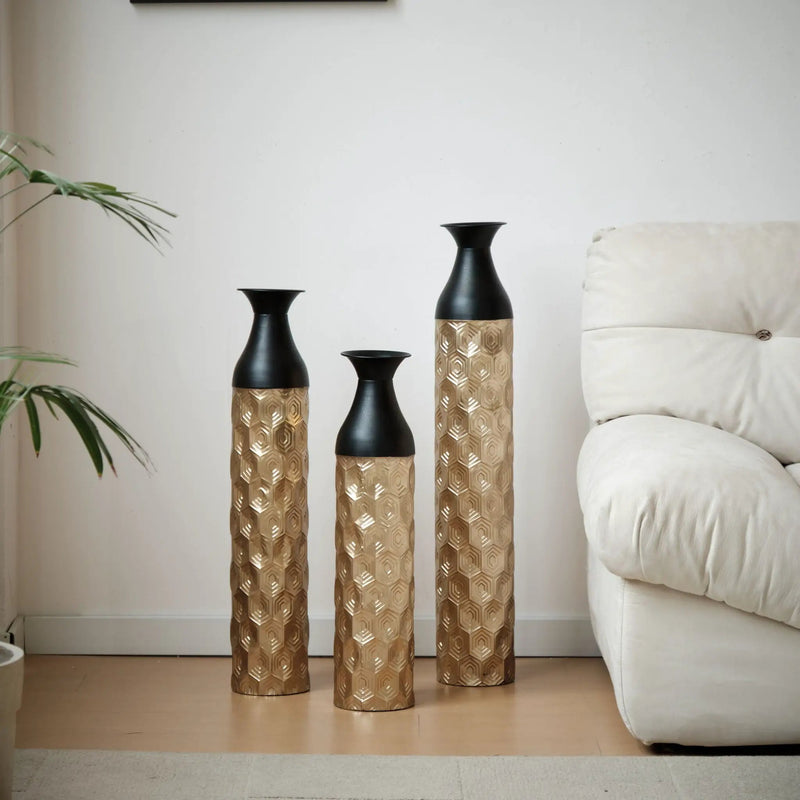 Floor Metal Vases (Set of 3) Gorgeous Home Decoration Large Glazed Metal Vases - Black / Gold by HouseOfZazla