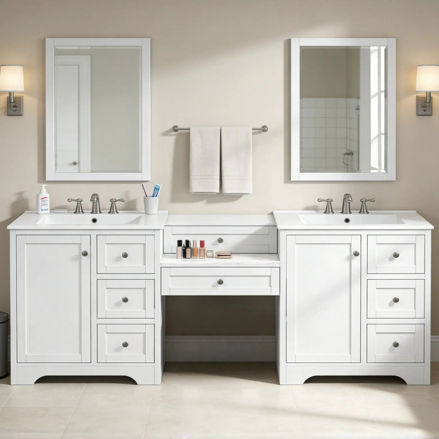 Double Sink Bathroom Vanity With Countertop, 2 Ceramic Sinks, 6 Drawers by HouseOfZazla