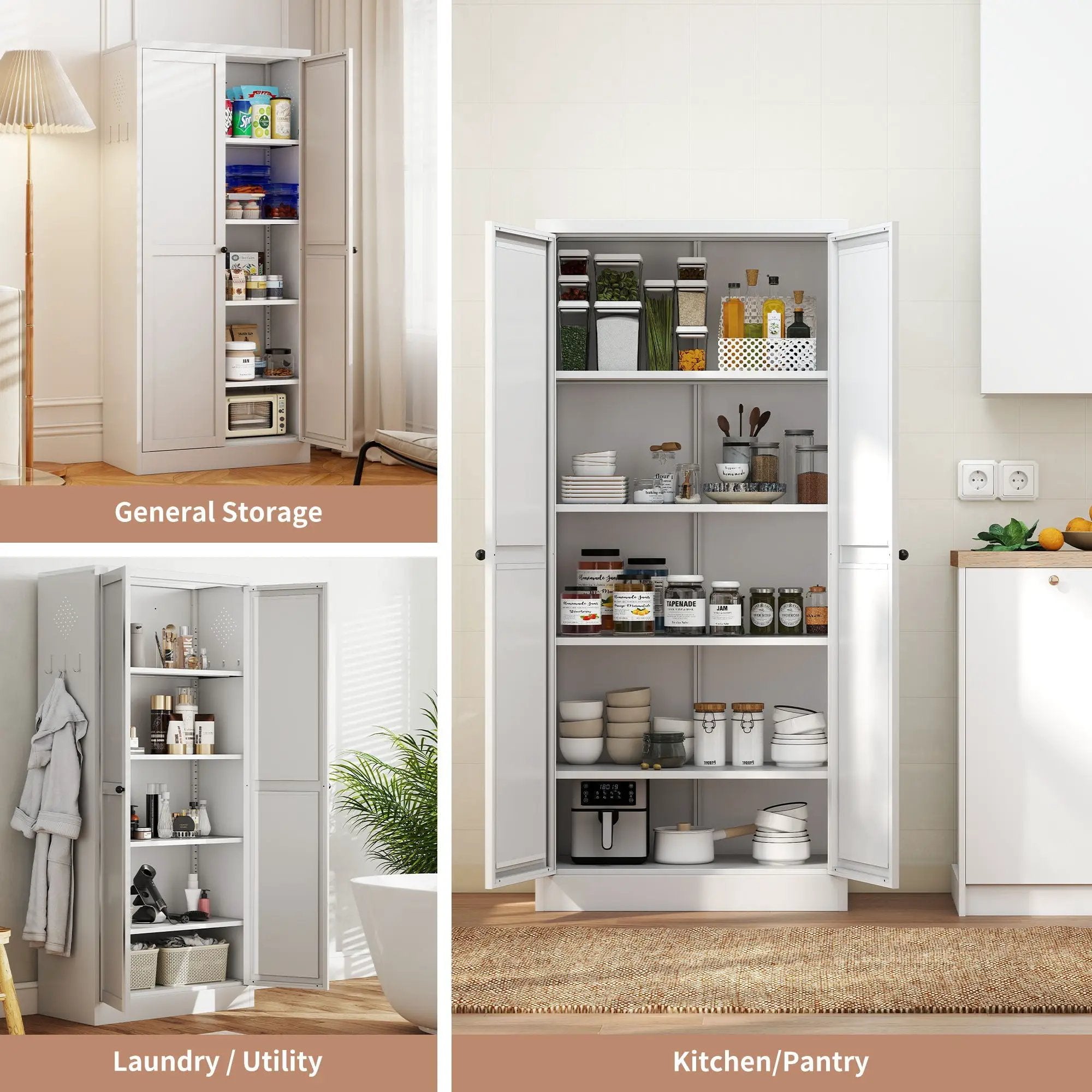 Kitchen Pantry Cabinet Adjustable Storage With 4 Shelves, Heavy Duty Freestanding Pantry Organizer - White by HouseOfZazla
