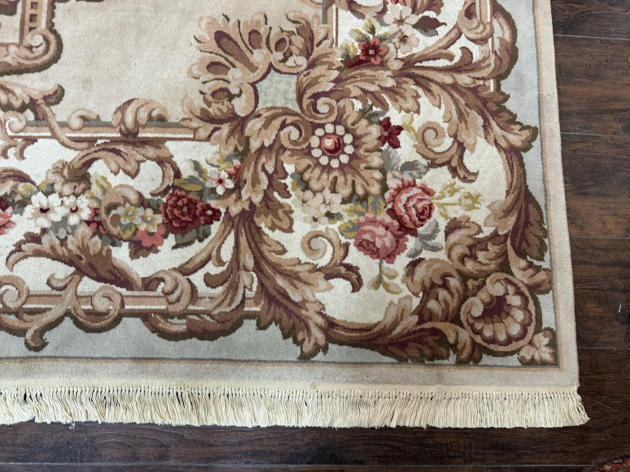 Aubusson Rug 8x12, European French Savonnerie Design, Thick Wool Pile, Elegant Rug, Cream Beige Light Green by Jewel Rugs
