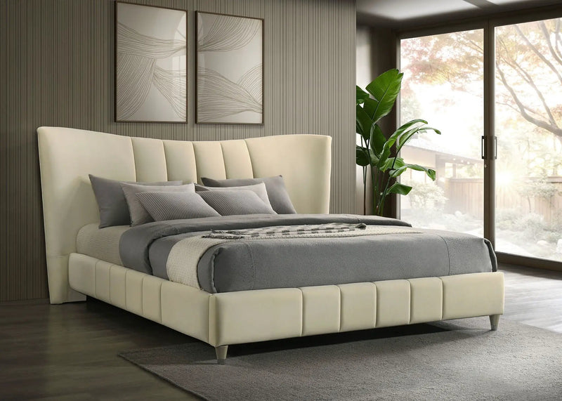 Evelyn Upholstered Eastern King Panel Platform Bed Ivory by Unique Piece Furniture