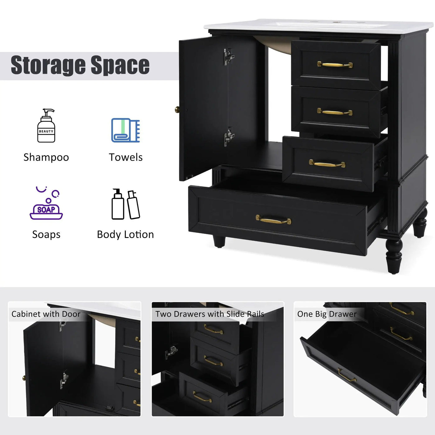 30" Bathroom Vanity With Sink, 3 Drawers, Adjustable Feet by HouseOfZazla