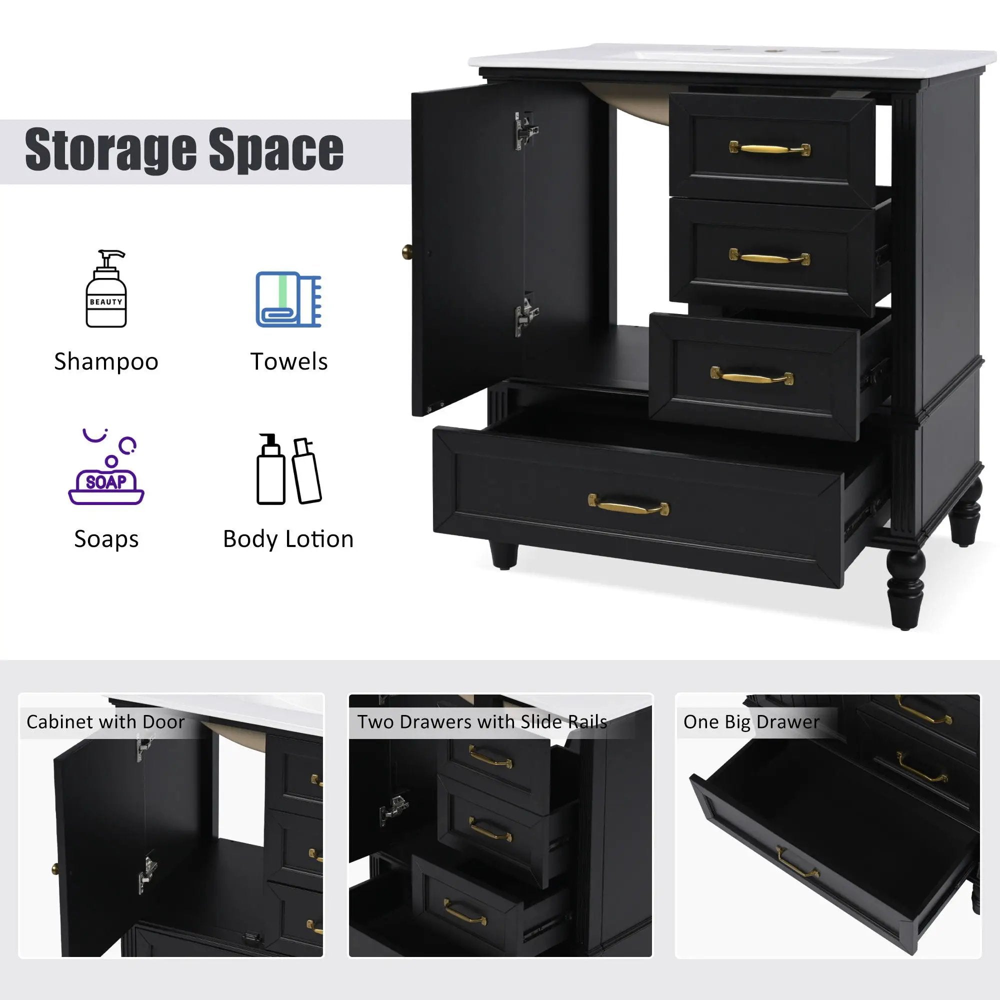30" Bathroom Vanity With Sink, 3 Drawers, Adjustable Feet