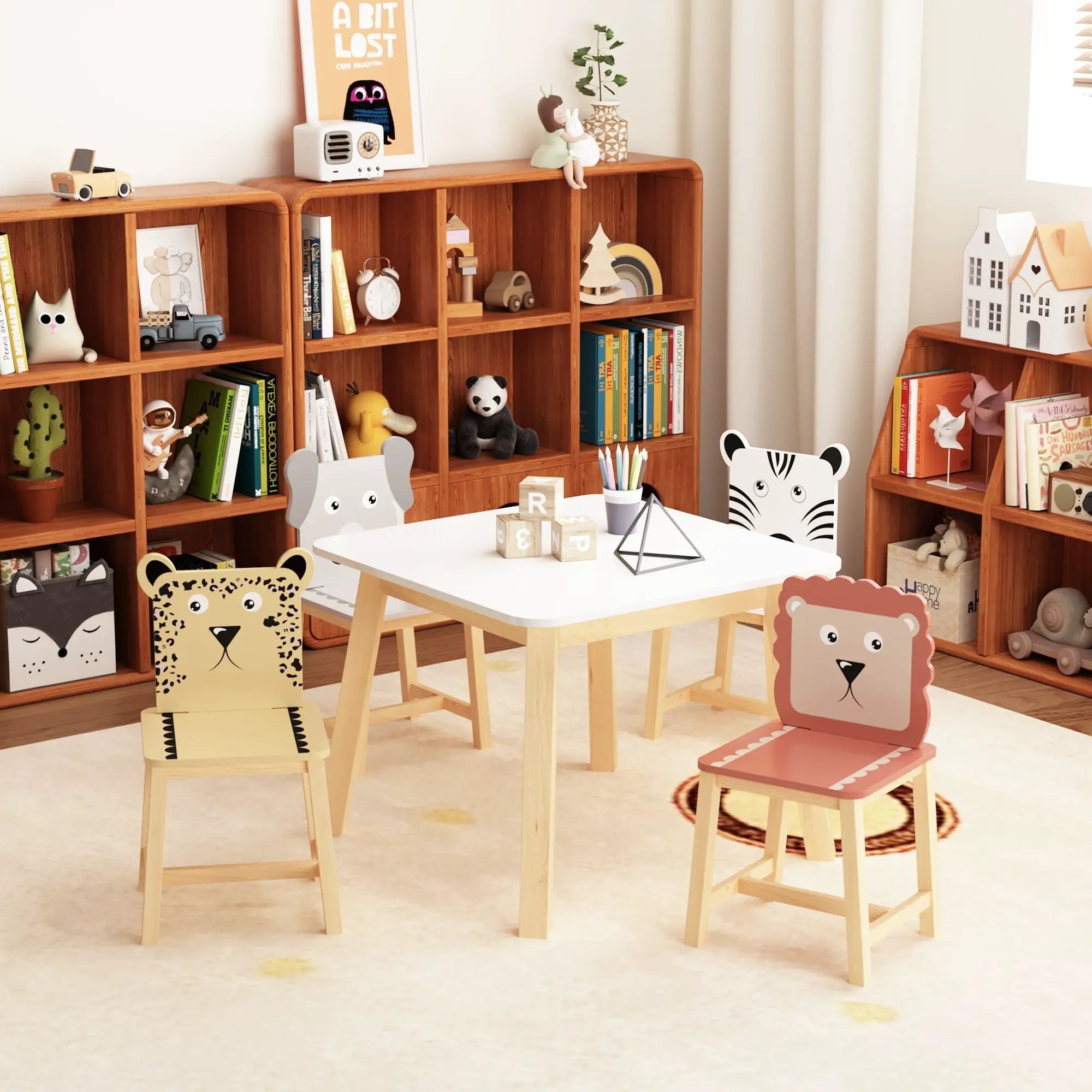 Kids Table And Chair Set With Cartoon Animals Design - White by HouseOfZazla