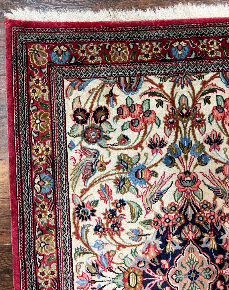 Wonderful Persian Qum Runner Rug 2.8 x 10 ft, Floral Medallions with Bird Motifs, Hand Knotted Wool Fine Oriental 10ft Hallway Runner, Cream Red by Jewel Rugs