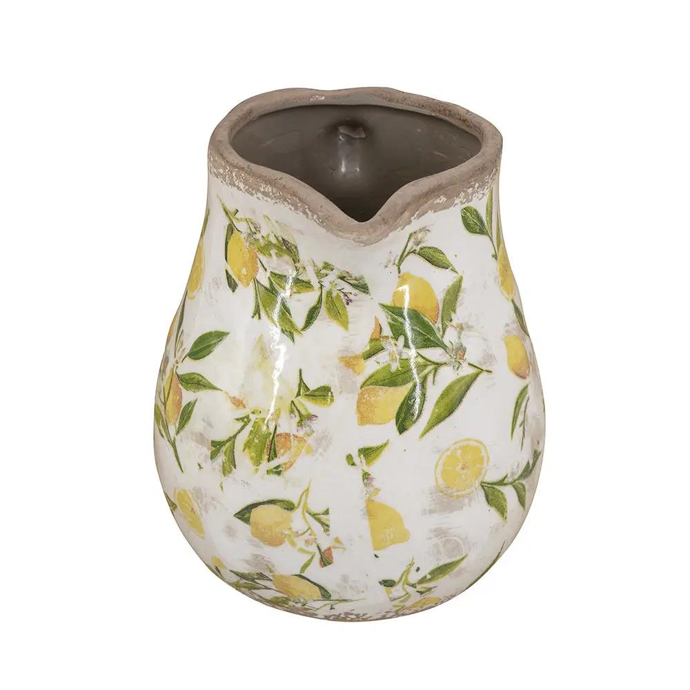 7.9x6.5x7.9' White Ceramic Pitcher Vase with Yellow Lemon Motif by HouseOfZazla