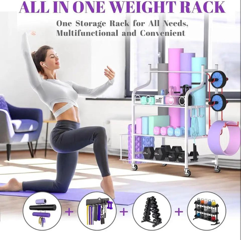 Mythinglogic Yoga Mat Storage Racks, Home Gym Storage Rack for Dumbbells Kettlebells Foam Roller, Yoga Strap and Resistance Bands, Workout Equipment Storage Organizer With Hooks and Wheels by Selzalot