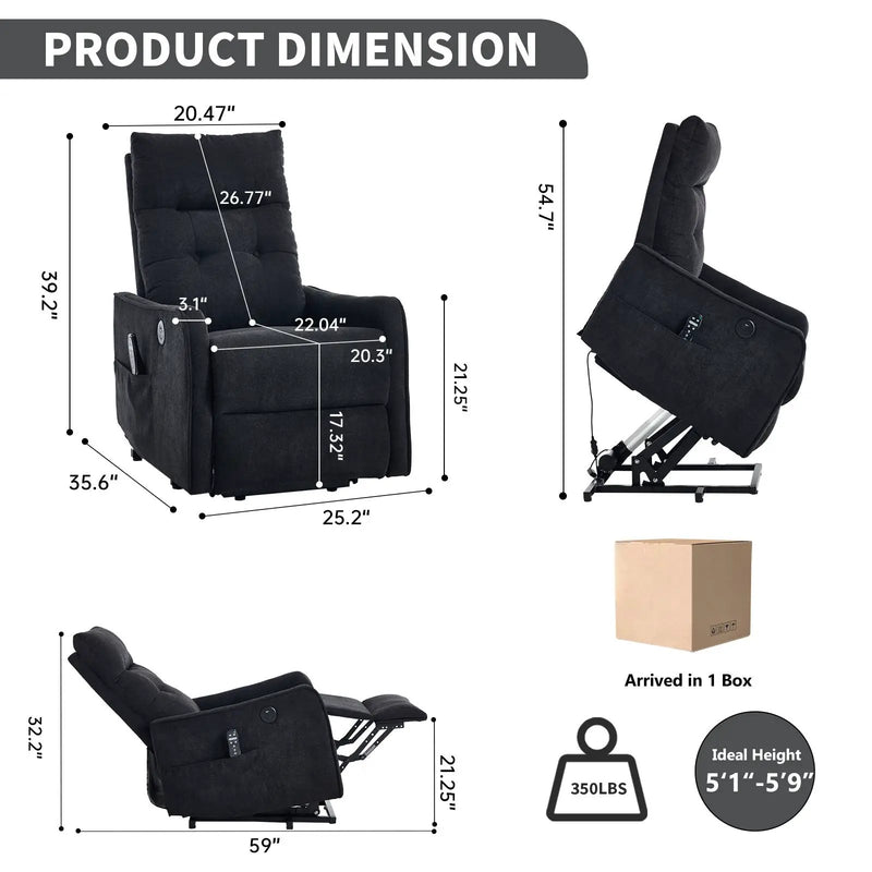 Black Chenille Single Motor Power Lift Recliner Chair by HouseOfZazla