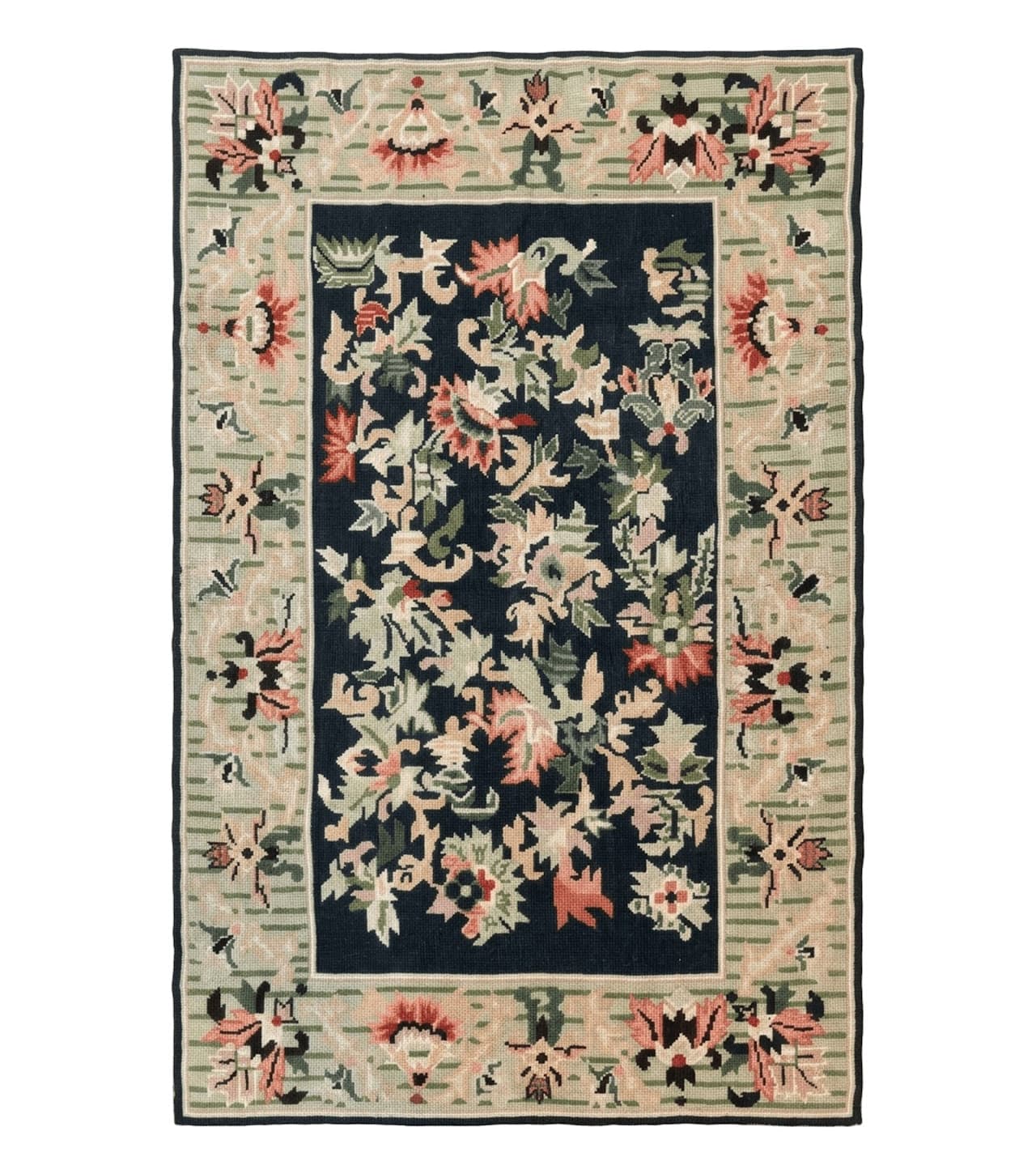 Vintage American Needlepoint Rug 4x6, Dark Green, Wool, Handmade, Flatweave Carpet by Jewel Rugs