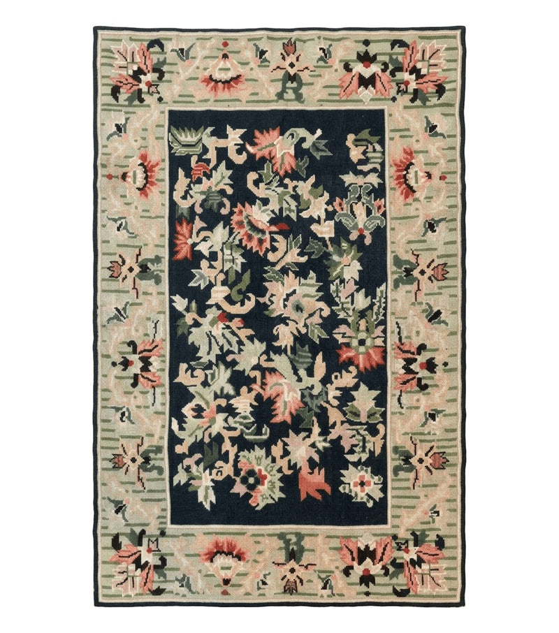 Vintage American Needlepoint Rug 4x6, Dark Green, Wool, Handmade, Flatweave Carpet by Jewel Rugs