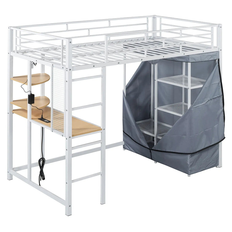 Loft Bed With Desk, Shelves, Power Outlet, LED Light And Wardrobe by HouseOfZazla