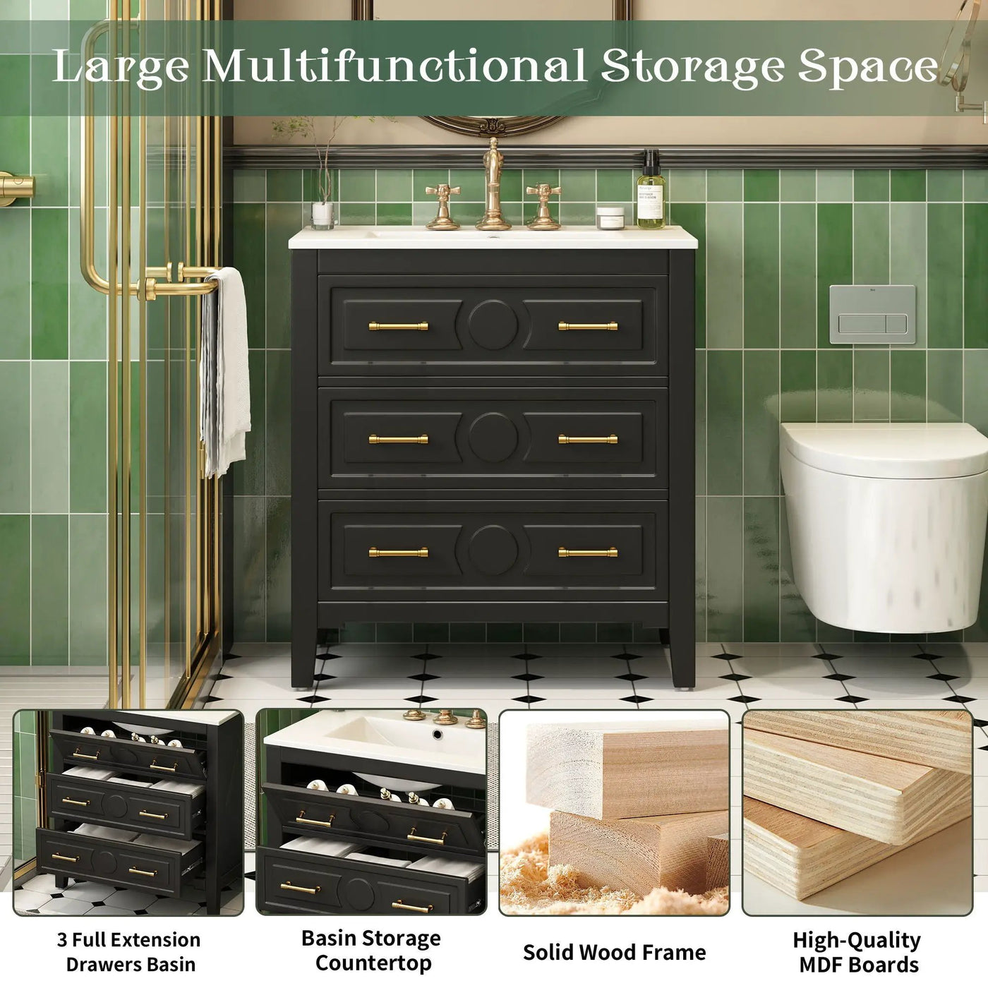 Retro Bathroom Vanity With Sink Combo, Free Standing Single Set With 3 Drawers by HouseOfZazla