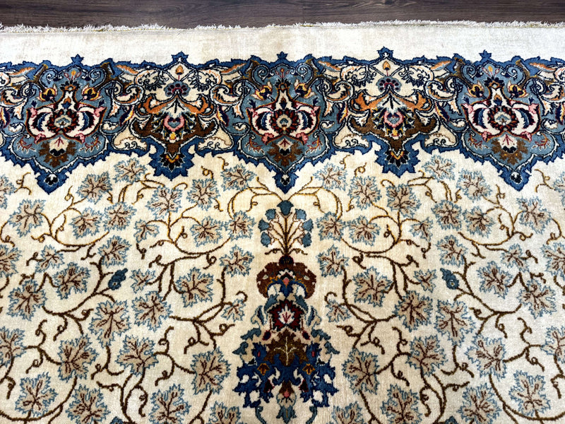 Persian Kashan Rug 9 x 12.6, Ivory and Blue, Floral Medallion, Wool Hand Knotted Semi Antique Carpet by Jewel Rugs