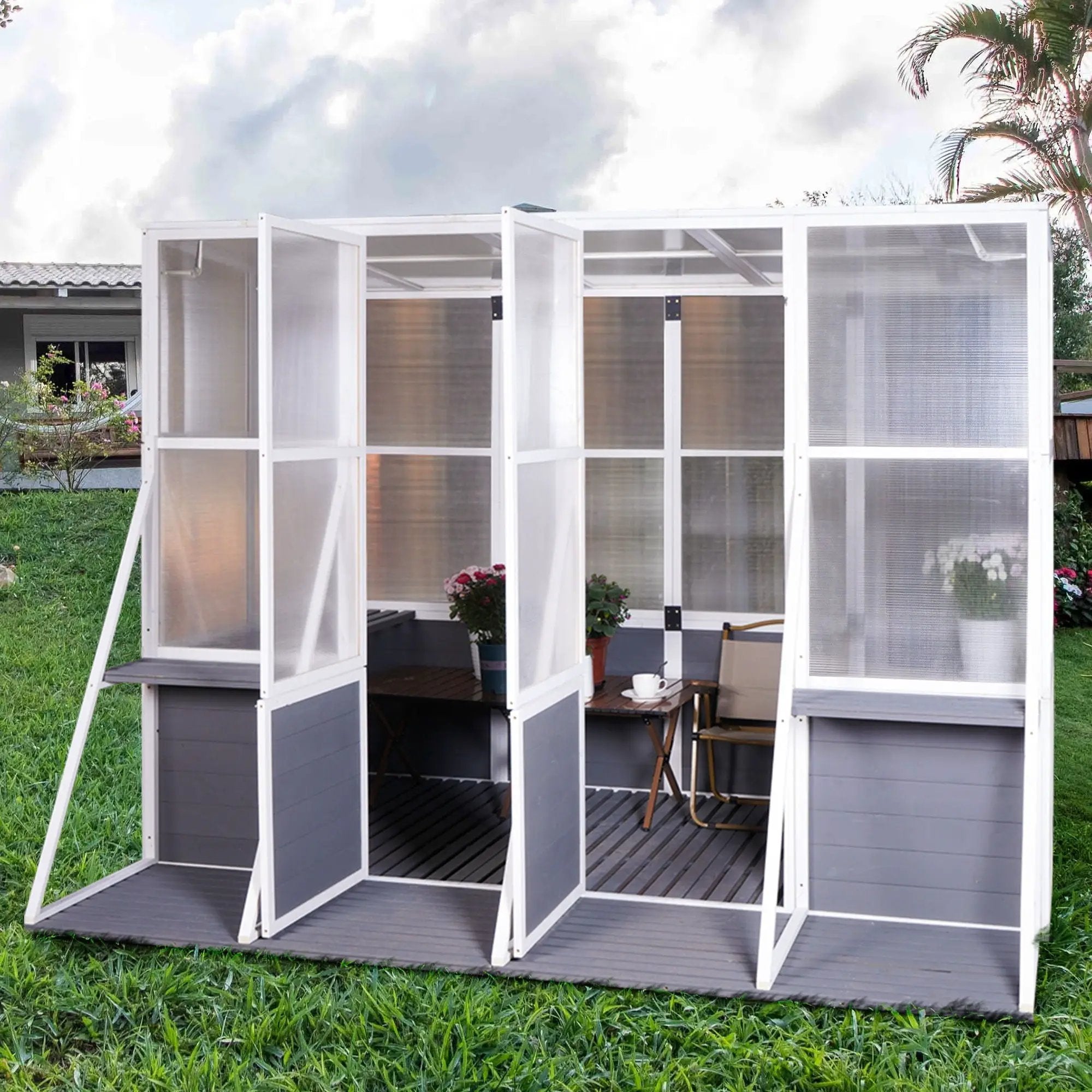 Greenhouse, Wooden Lean To Greenhouses For Outdoors, Heavy Duty Walk In Green House For Outside Winter, Large Hot House For Sunroom Storage Shed, Garden, Backyard - White / Gray by HouseOfZazla