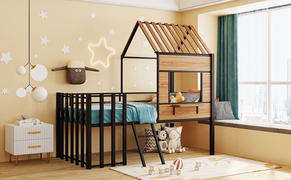Loft Bed With Roof, Window, Guardrail, Ladder by HouseOfZazla