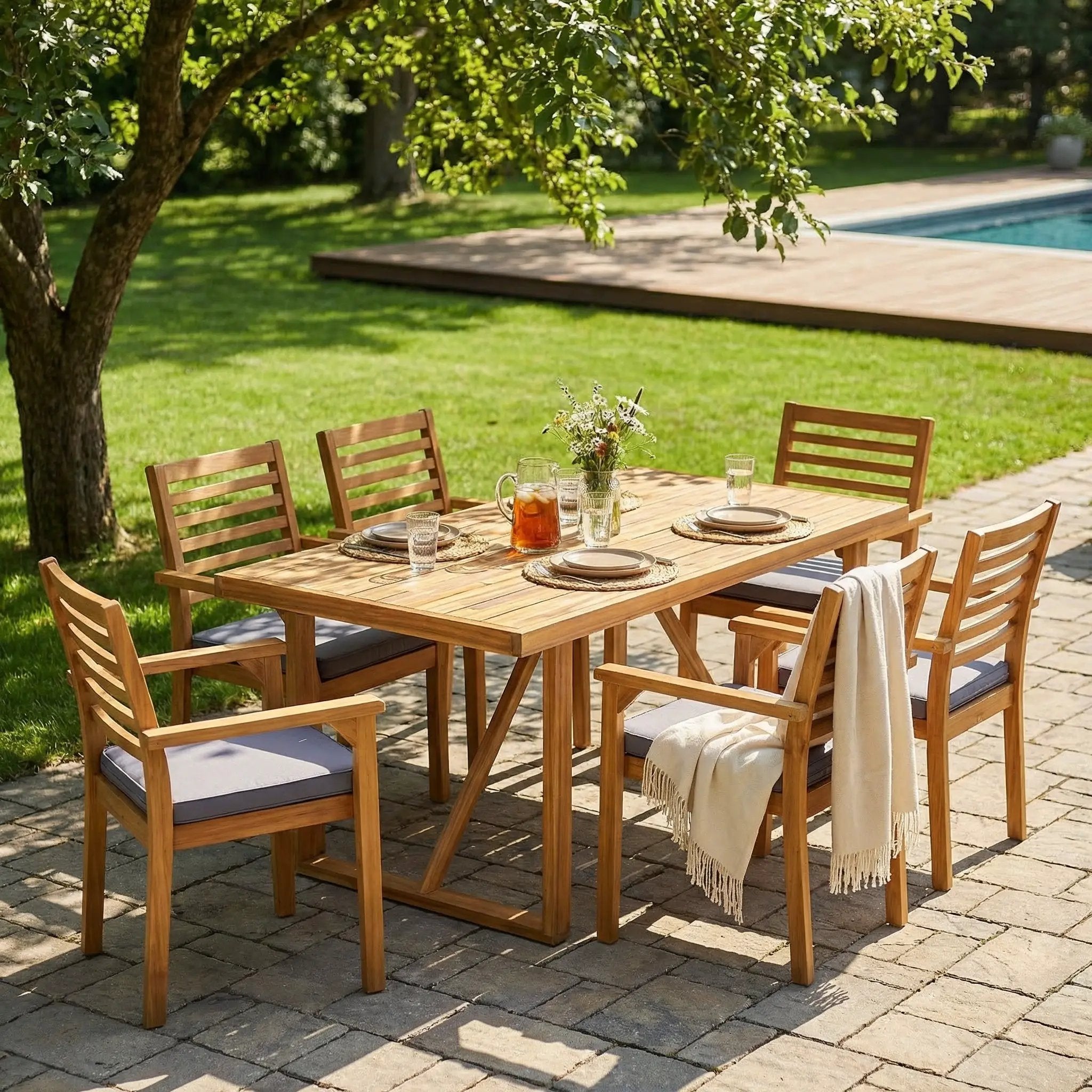 7 Pieces Acacia Wood Outdoor Dining Set by HouseOfZazla