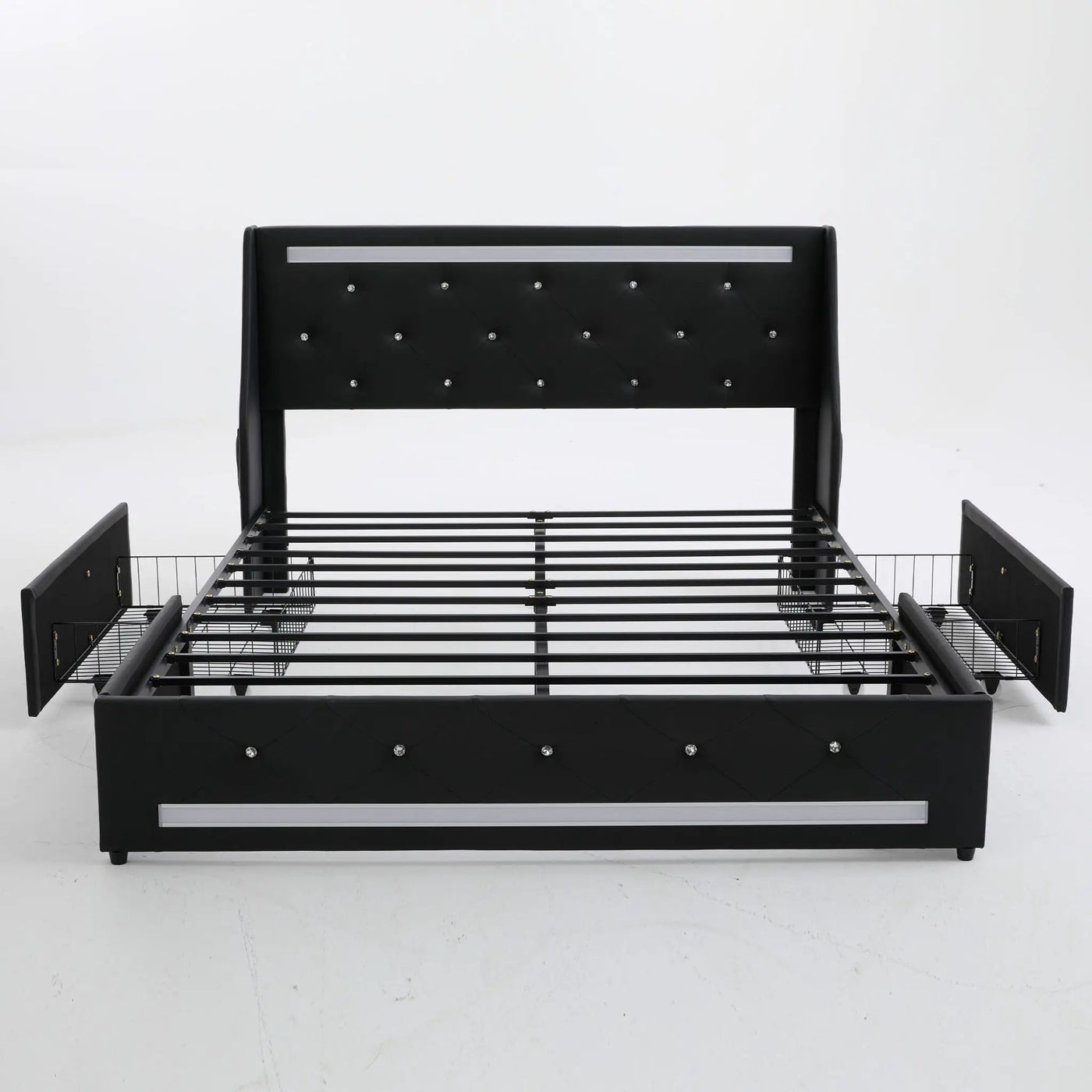 Wingback Upholstered Bed Frame With LED Lights, Charging Station by HouseOfZazla