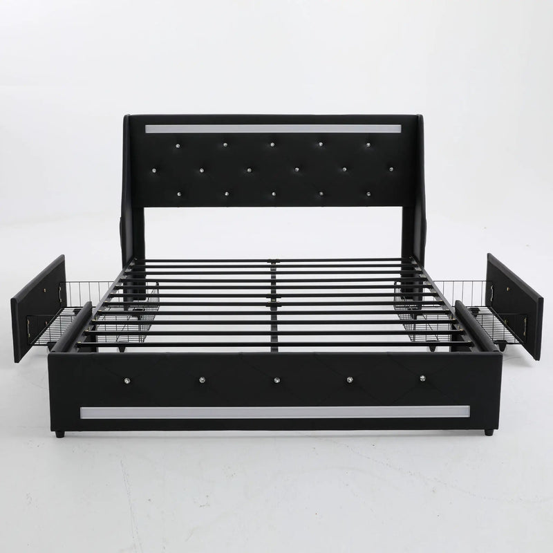 Wingback Upholstered Bed Frame With LED Lights, Charging Station by HouseOfZazla