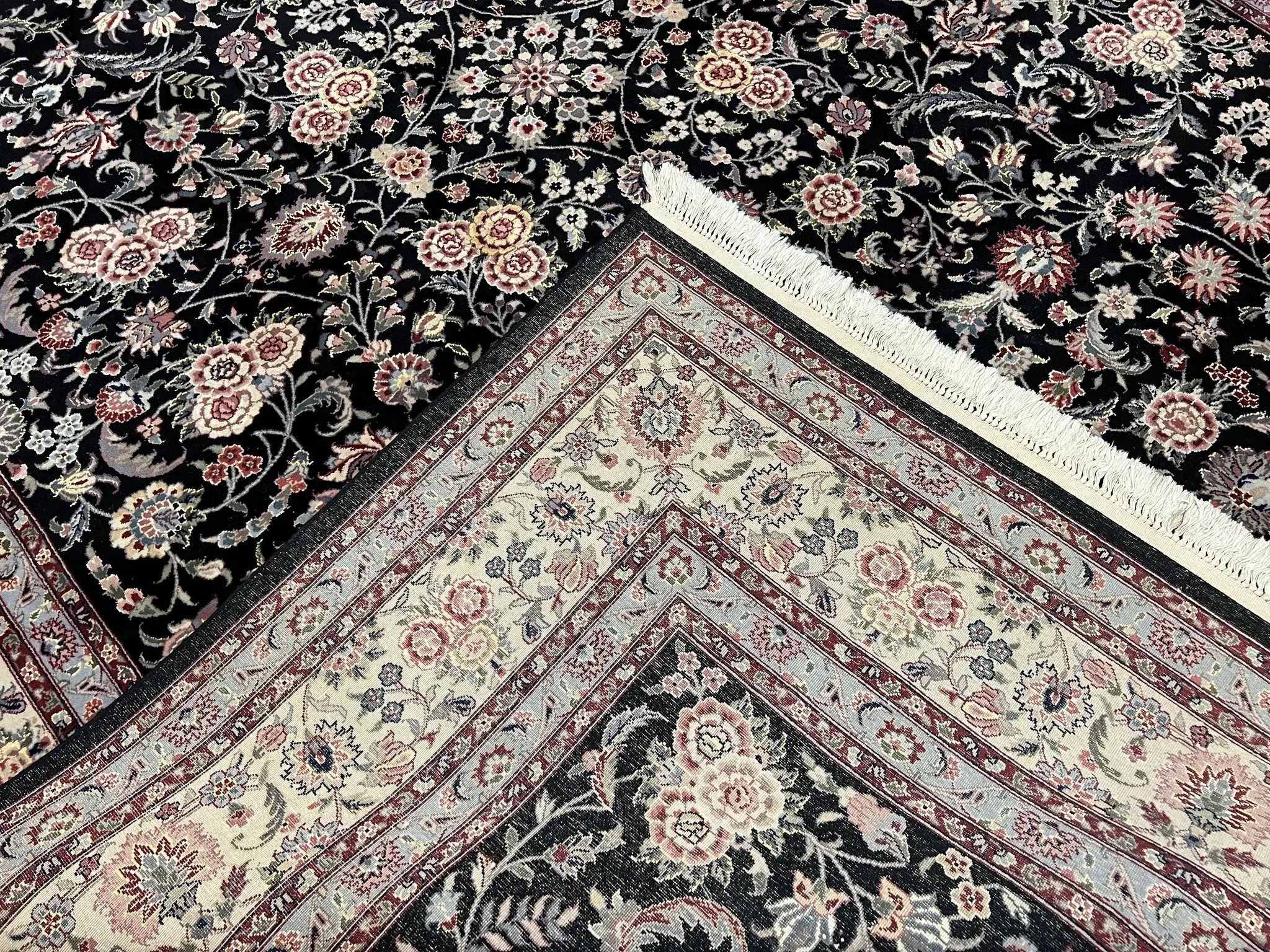 Pak Persian Rug 9x12, Floral Allover, Hand Knotted Oriental Carpet 9 x 12 ft, Black and Cream, Detailed, Wool with Silk Highlights, Vintage by Jewel Rugs