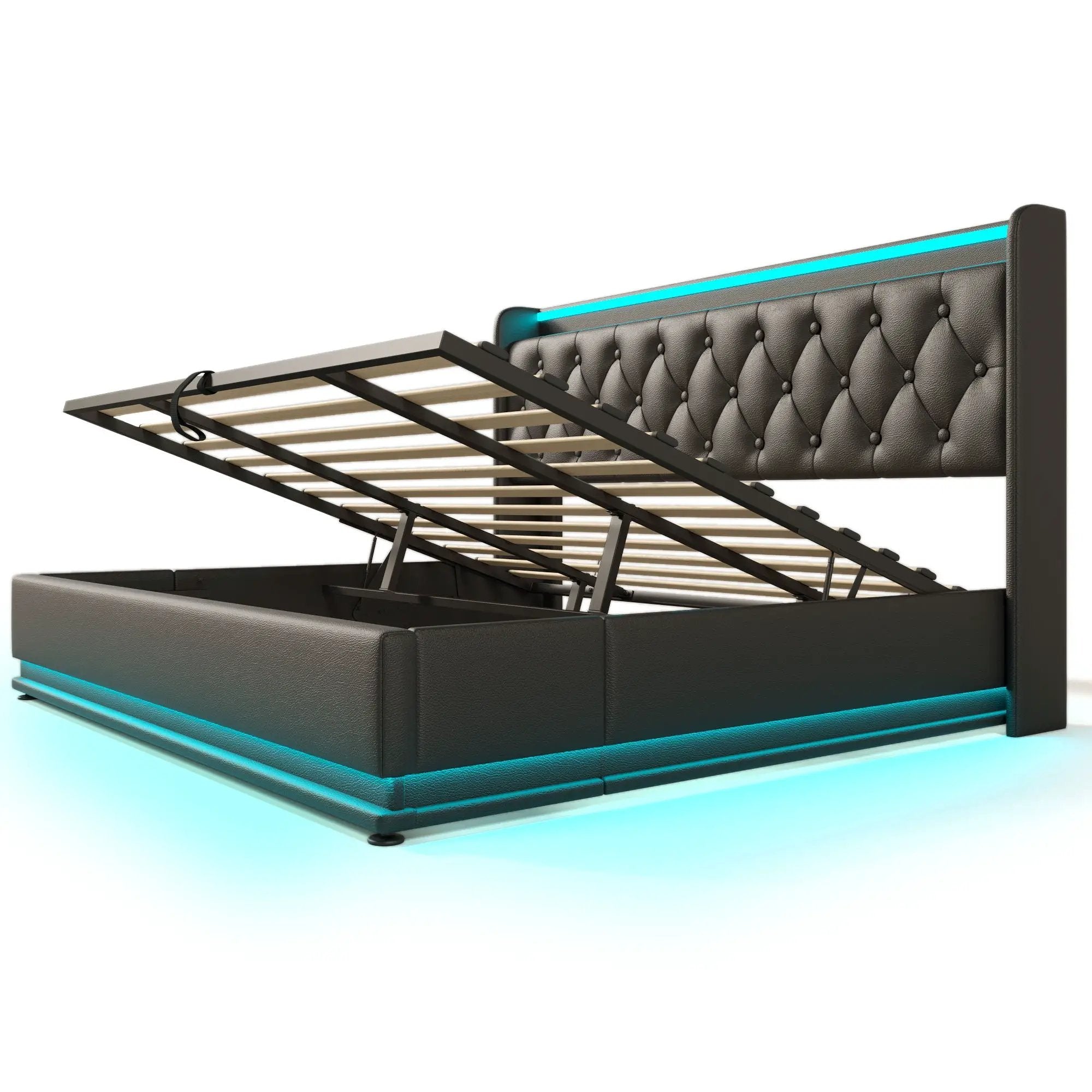 Upholstered Bed, 360 Surround LED Function, Remote Control, Hydraulic Storage Bed With USB, Type-C Charging (Without Mattress) by HouseOfZazla
