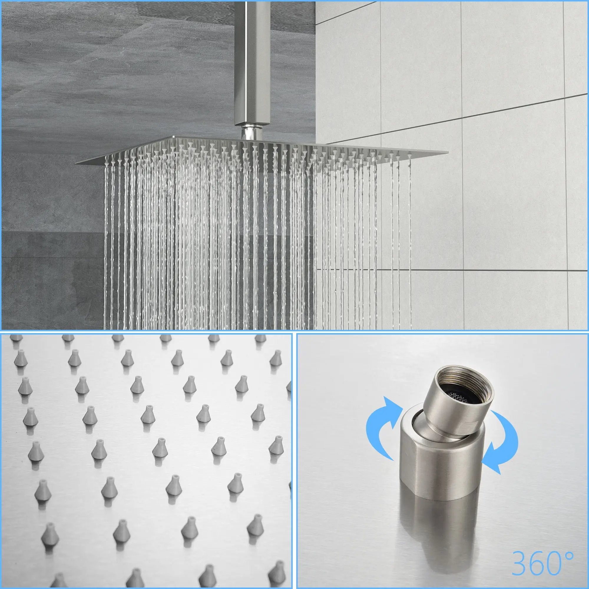 16" Square Rainfall Shower Head Fixed Wall Mount With Full Body Coverage & Self Cleaning Silicone Nozzles by HouseOfZazla