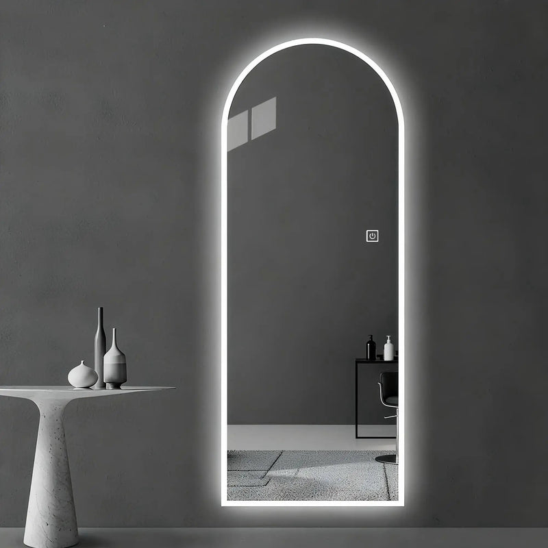 LED Full Length Wall Mirror With Symmetrical Arch Design, Dimmable 3 Color Temperature Lighting - Silver by HouseOfZazla