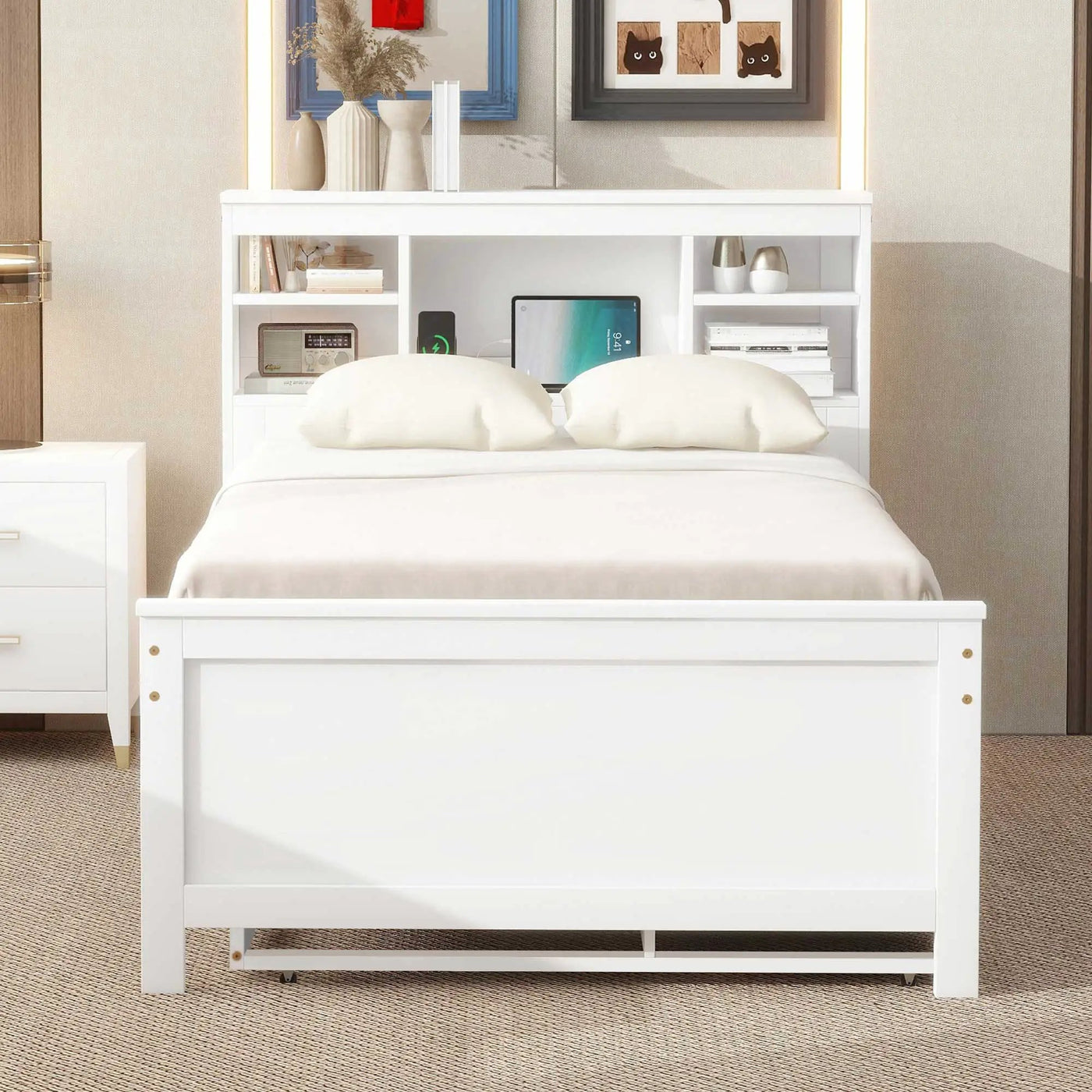 Platform Bed With Storage Headboard, USB, Trundle And 3 Drawers by HouseOfZazla
