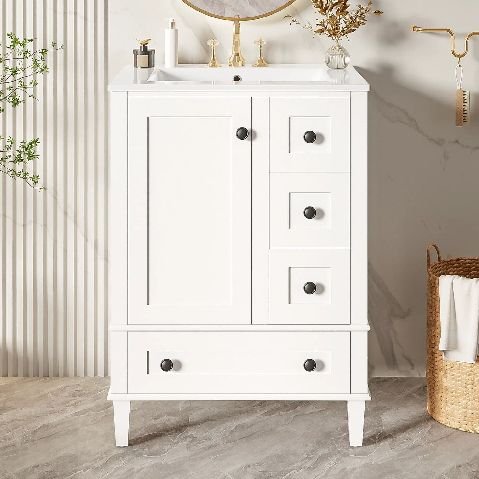 Bathroom Vanity With Integrated Basin, Soft Close Drawers, Door Mounted Double Layer Shelf by Unique Piece Furniture