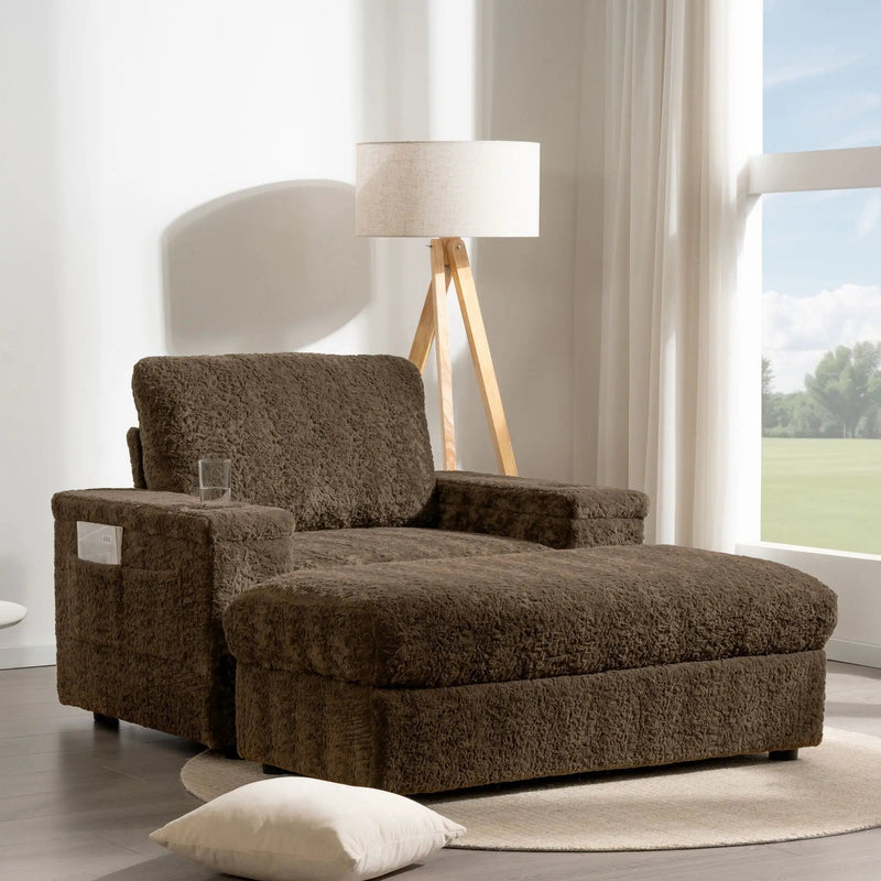 Oversized Chaise Lounge Indoor Rabbit Fur Sofa Bed With Storage Ottoman And Armrests Cup Holders With Deep Seat by HouseOfZazla