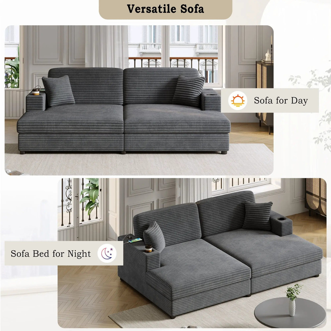 Oversized Loveseat Chaise With 2 USB Ports, 2 Cup Holders And 2 Throw Pillows by HouseOfZazla