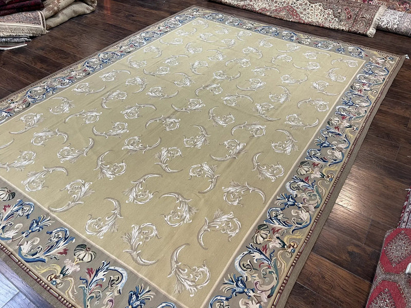 Vintage Aubusson Flatweave Area Rug 9x12, Aubusson Weave, Wool, Beige, Handmade, French European Design, 8'9" x 11'9" by Jewel Rugs