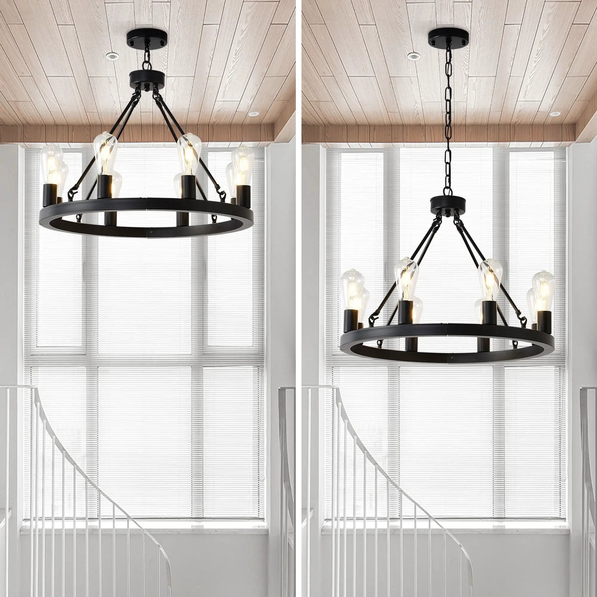6 Light (No Bulbs) Wagon Wheel Chandelier Farmhouse Modern Small Round Chandelier For Living Room Kitchen Island Foyer Hallway Entryway Bedroom Dining Room Light Fixture Ceiling Hanging - Matte Black by HouseOfZazla