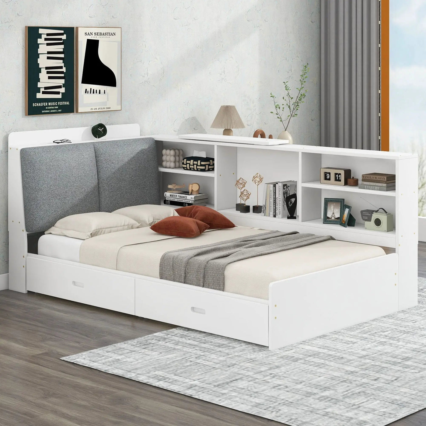 Platform Bed With Storage Headboard, Shelves And 2 Drawers by HouseOfZazla