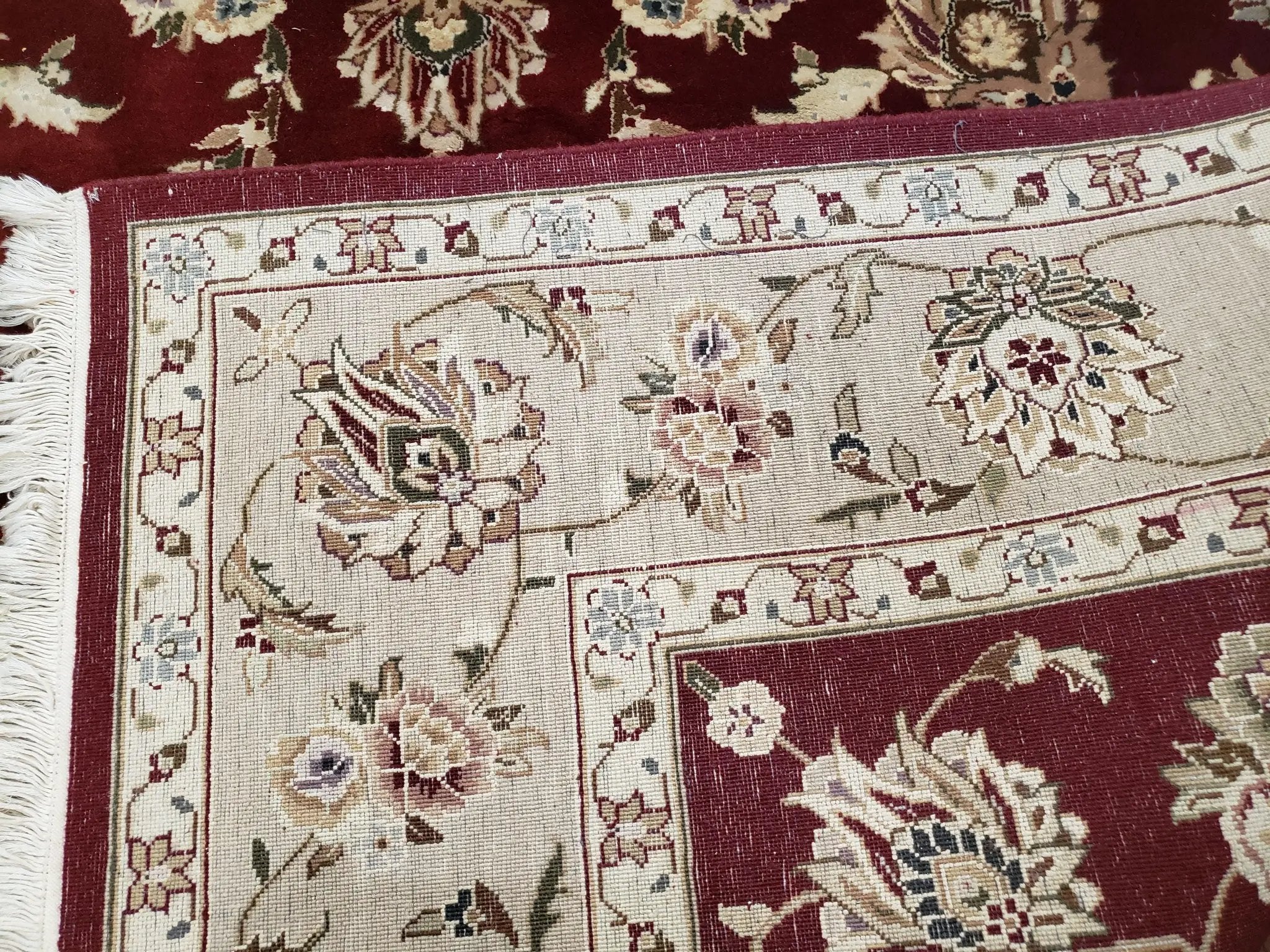 Vintage Traditional Oriental Area Rug, Hand-Knotted, Wool & Silk Accents, Maroon Red and Beige, 6x9 Carpet, 5' 9" x 9' by Jewel Rugs