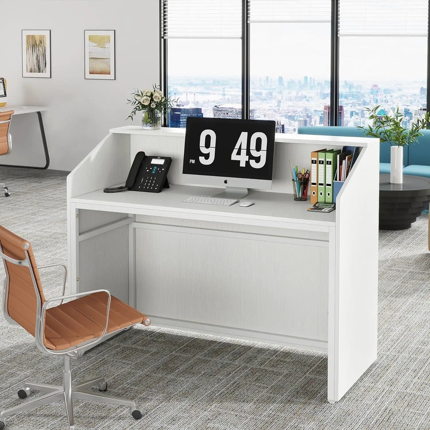 Modern Reception Desk, Front Desk Table With Cable Grommet & Privacy Panels