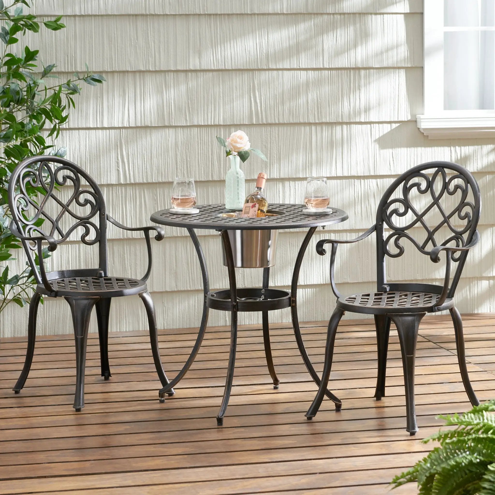 3 Piece Outdoor Aluminium Cast Bistro Set With Ice Bucket - Copper by HouseOfZazla