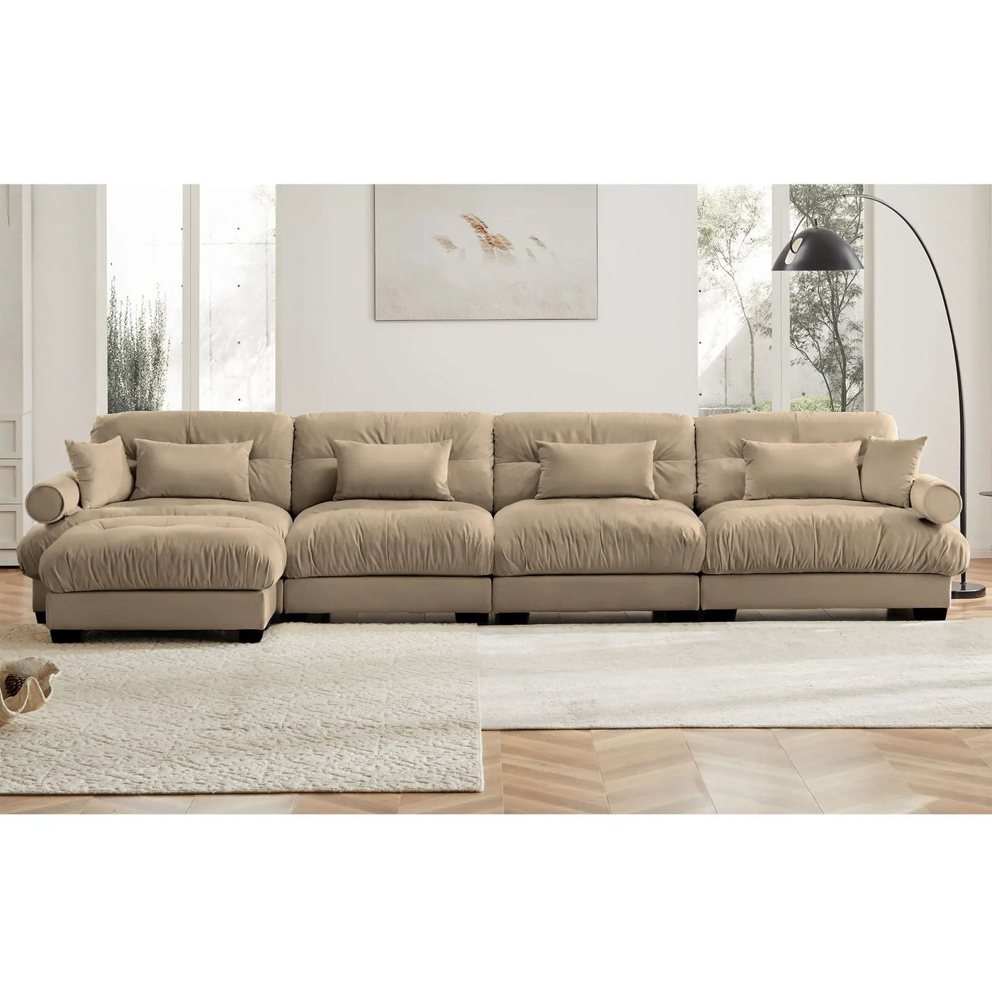 Modern Sectional Sofa With Ottoman, Round Bolster Armrests, Waist And Throw Pillows by Unique Piece Furniture