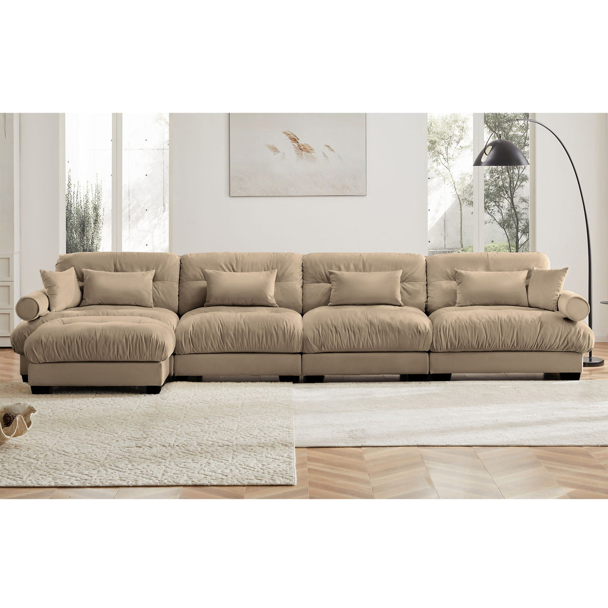 Light Brown Modern Sectional Sofa Set with Ottoman and Bolster Pillows, photo 25 of 40