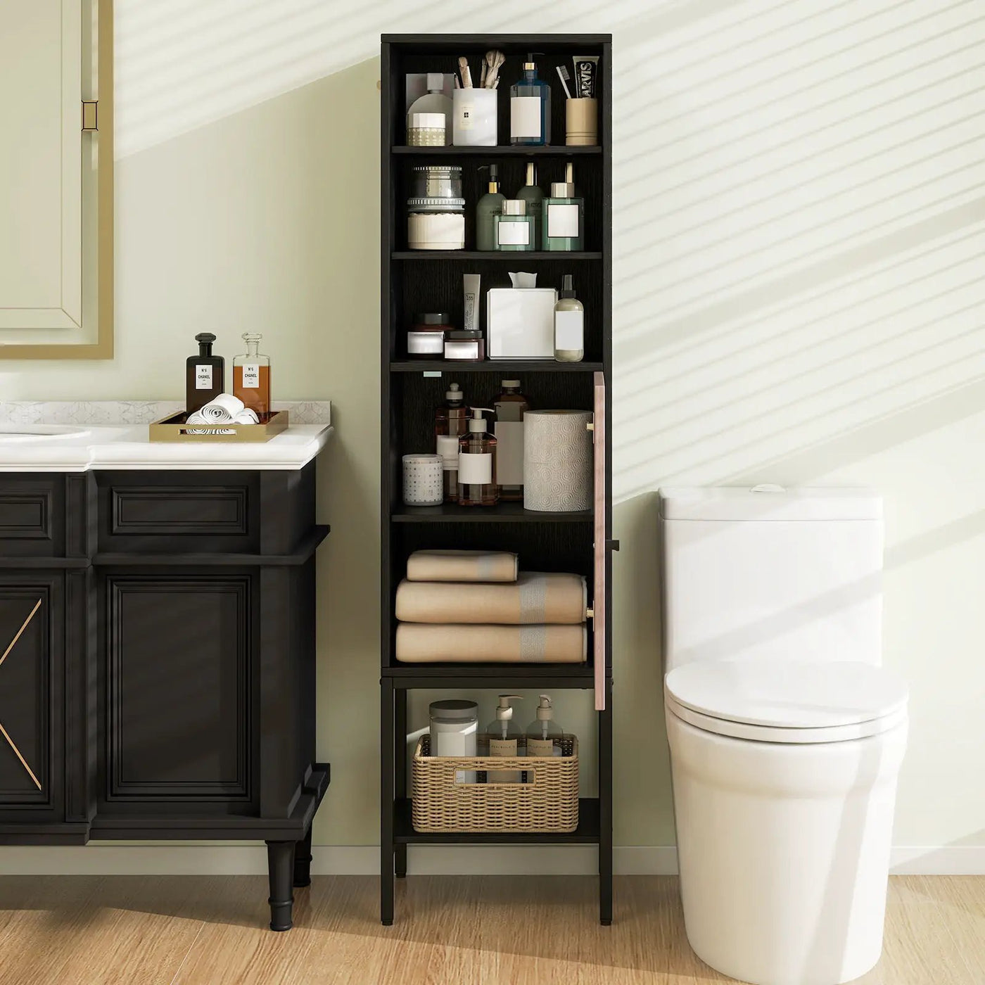 57 Inch Bathroom Tall Cabinet with 1 Door and 4 Shelves Narrow Storage Unit by DirectDeals