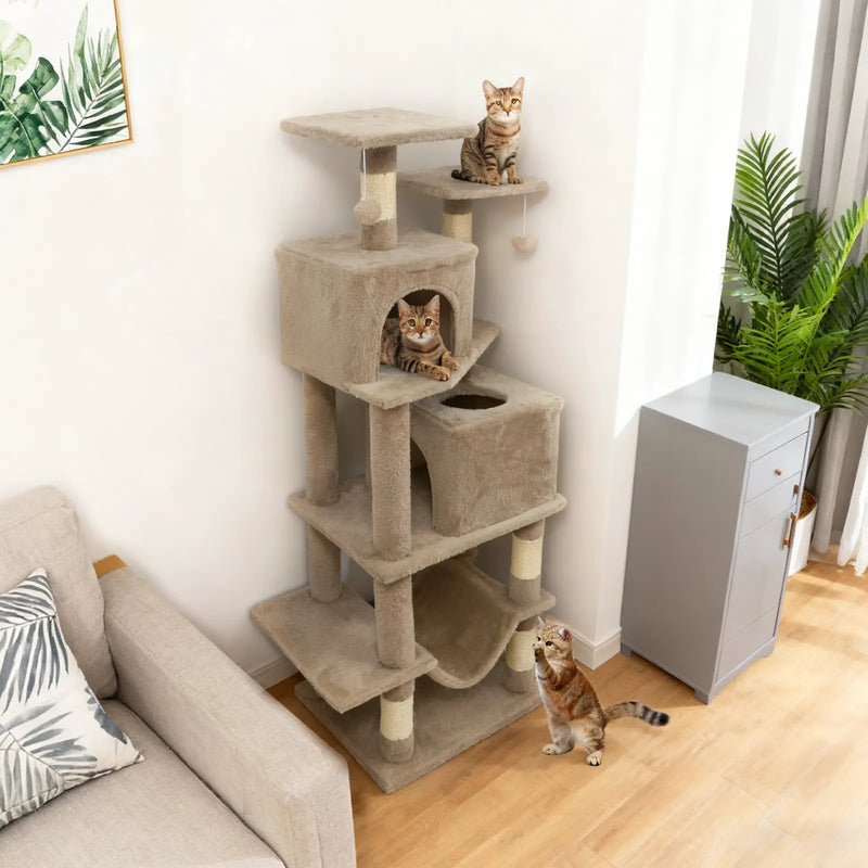 57 Inch Cat Tree with Dual Condos and Hammock and 2 Dangling Balls by DirectDeals