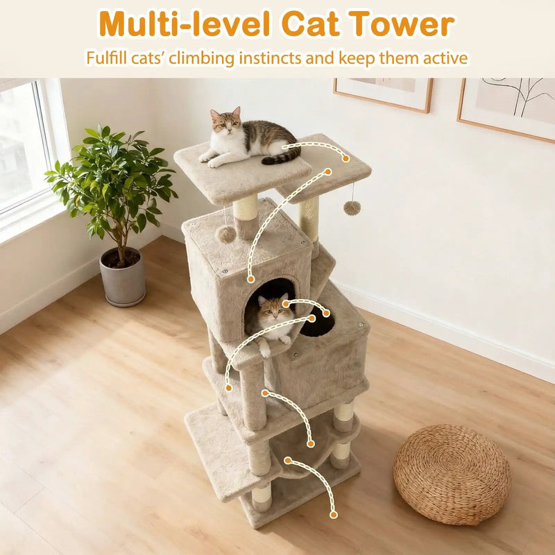57 Inch Cat Tree with Dual Condos and Hammock and 2 Dangling Balls by DirectDeals