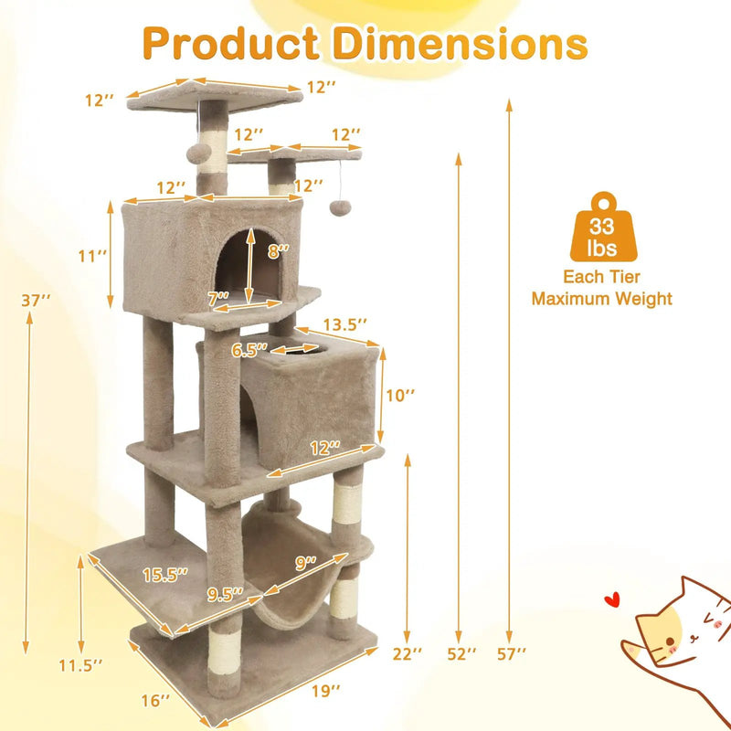 57 Inch Cat Tree with Dual Condos and Hammock and 2 Dangling Balls by DirectDeals