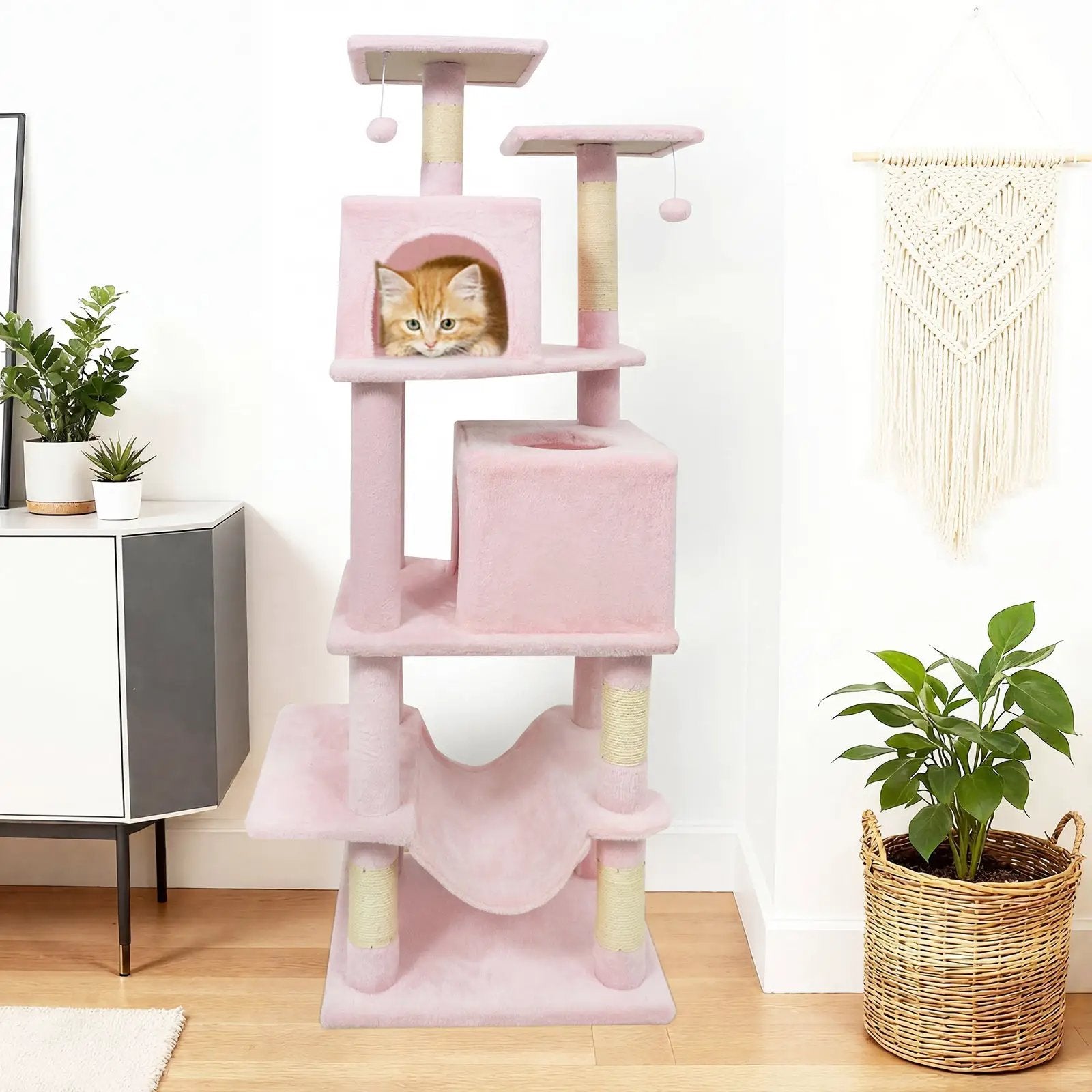 57 Inch Cat Tree with Dual Condos and Hammock and 2 Dangling Balls by DirectDeals