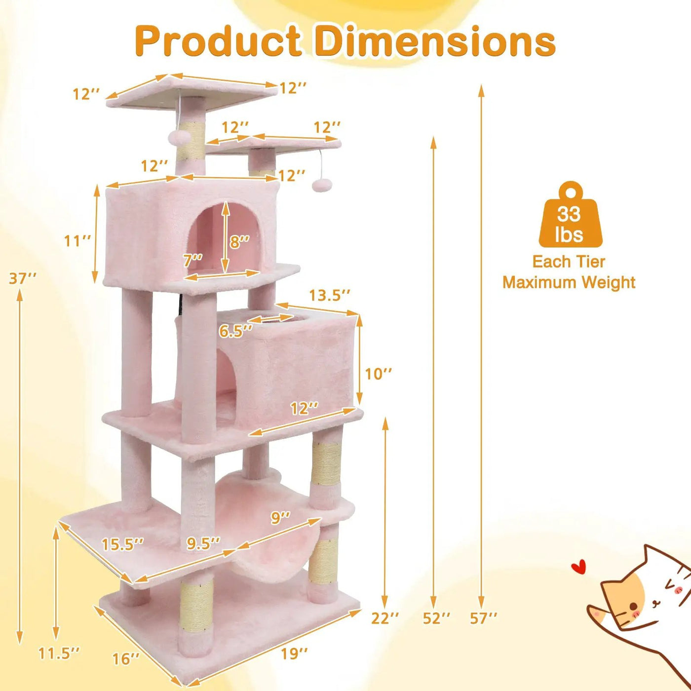 57 Inch Cat Tree with Dual Condos and Hammock and 2 Dangling Balls by DirectDeals