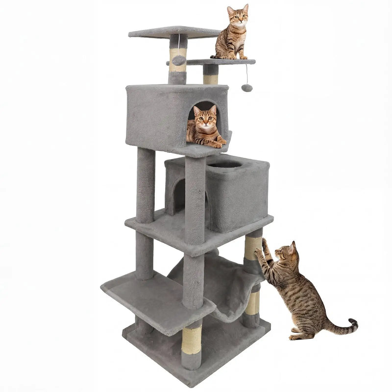 57 Inch Cat Tree with Dual Condos and Hammock and 2 Dangling Balls by DirectDeals