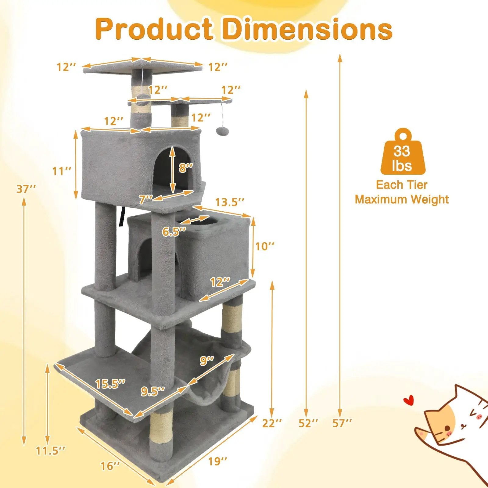 57 Inch Cat Tree with Dual Condos and Hammock and 2 Dangling Balls by DirectDeals