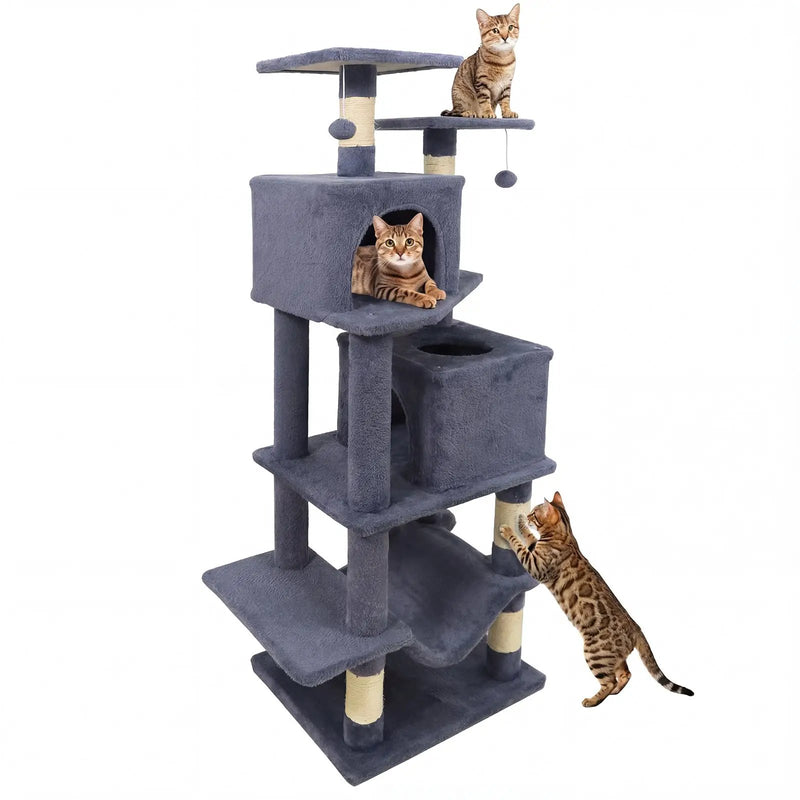 57 Inch Cat Tree with Dual Condos and Hammock and 2 Dangling Balls by DirectDeals