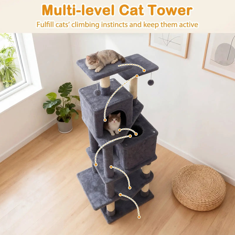 57 Inch Cat Tree with Dual Condos and Hammock and 2 Dangling Balls by DirectDeals